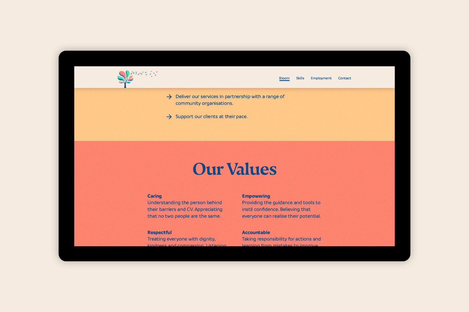 Bloom Skills Employment website home page stating the company's values as caring, empowering, respectful and accountable