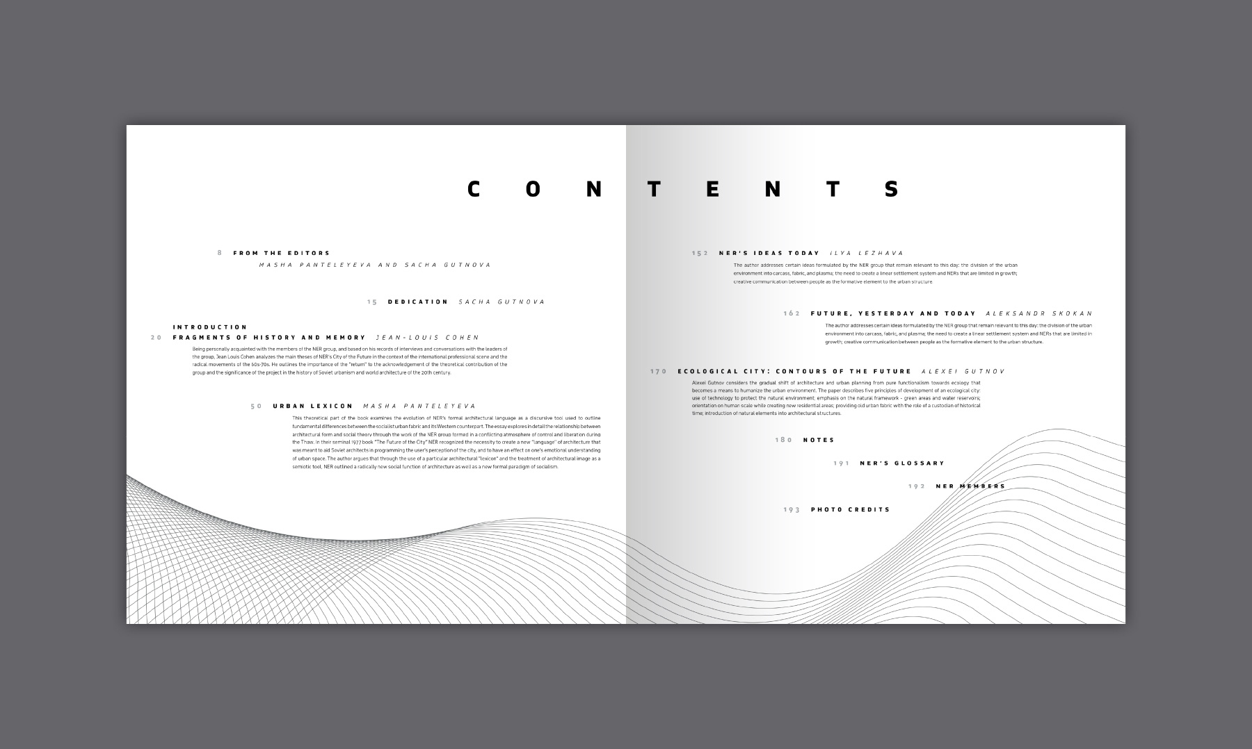 City of the Future book content's page with non-aligned blocks of typography and a pattern of organic silver lines at the bottom