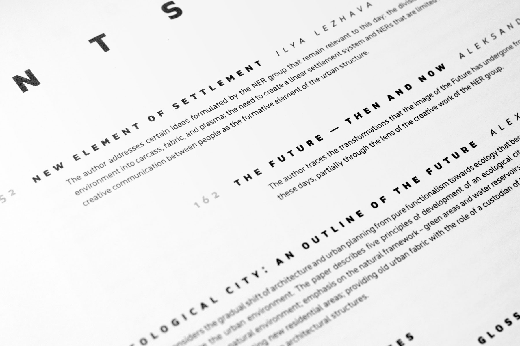 City of the Future book content's page with non-aligned blocks of typography