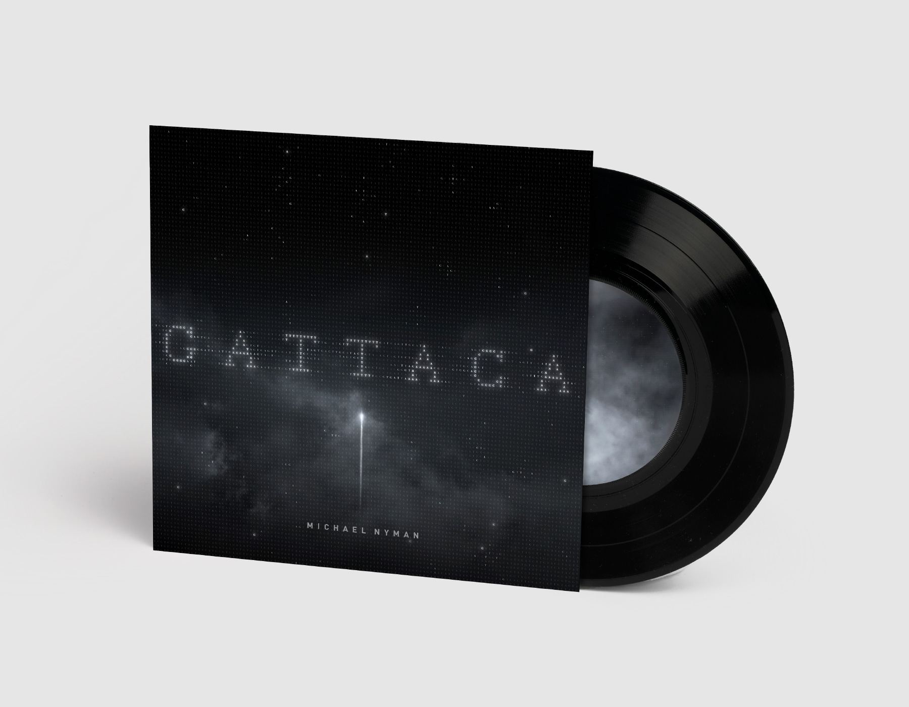 Gattaca vinyl cover showing a rocket soaring into space against a grid of DNA code that make up the typography and the stars