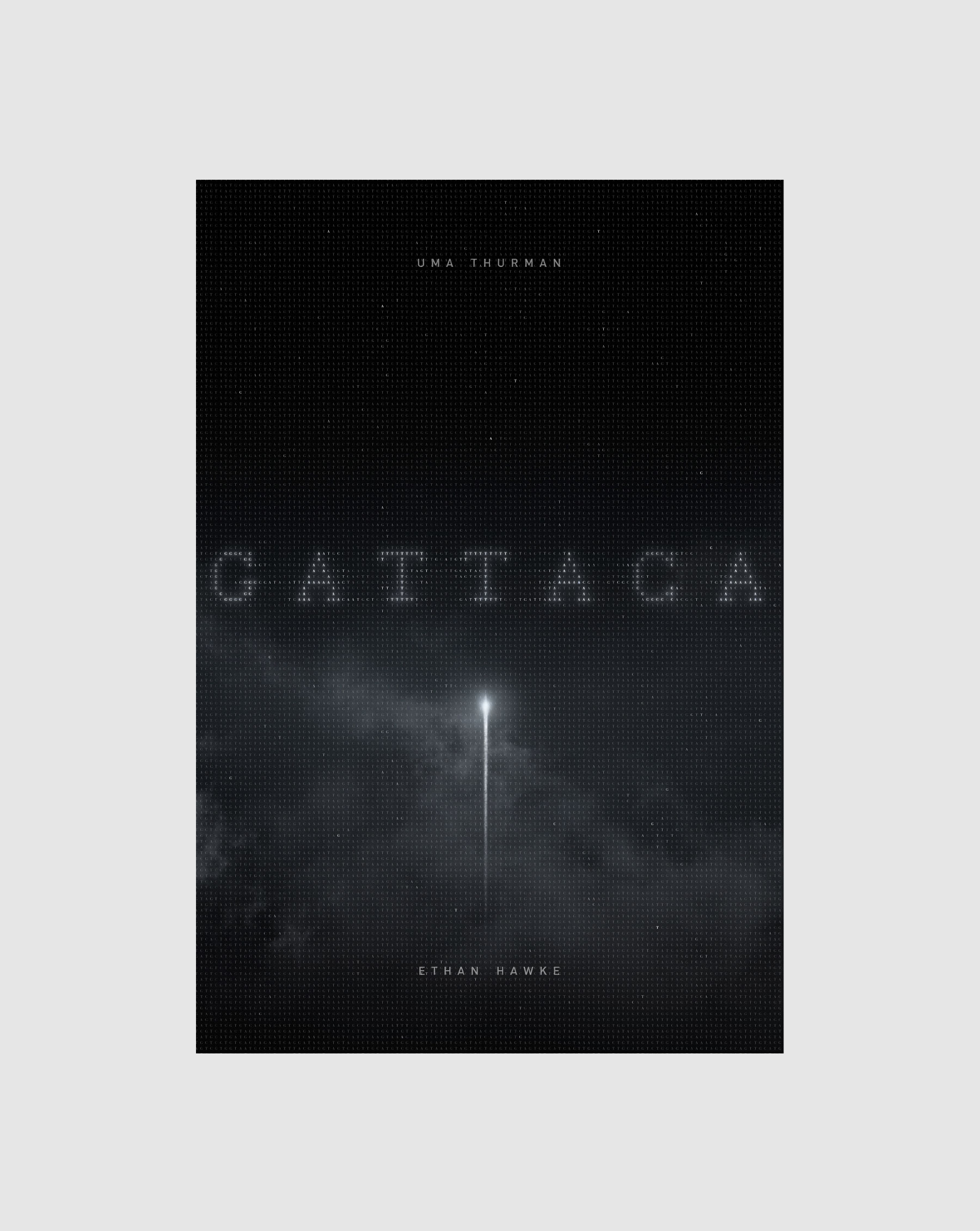 Gattaca film poster showing a rocket soaring into space against a grid of DNA code that make up the typography and the stars