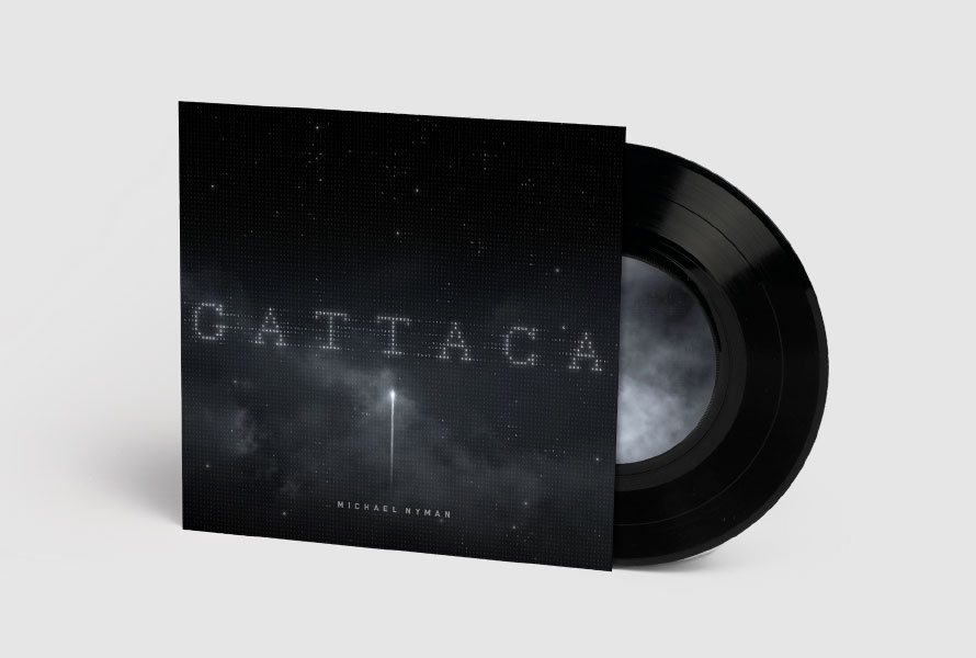 Gattaca vinyl cover showing a rocket soaring into space against a grid of DNA code that make up the typography and the stars