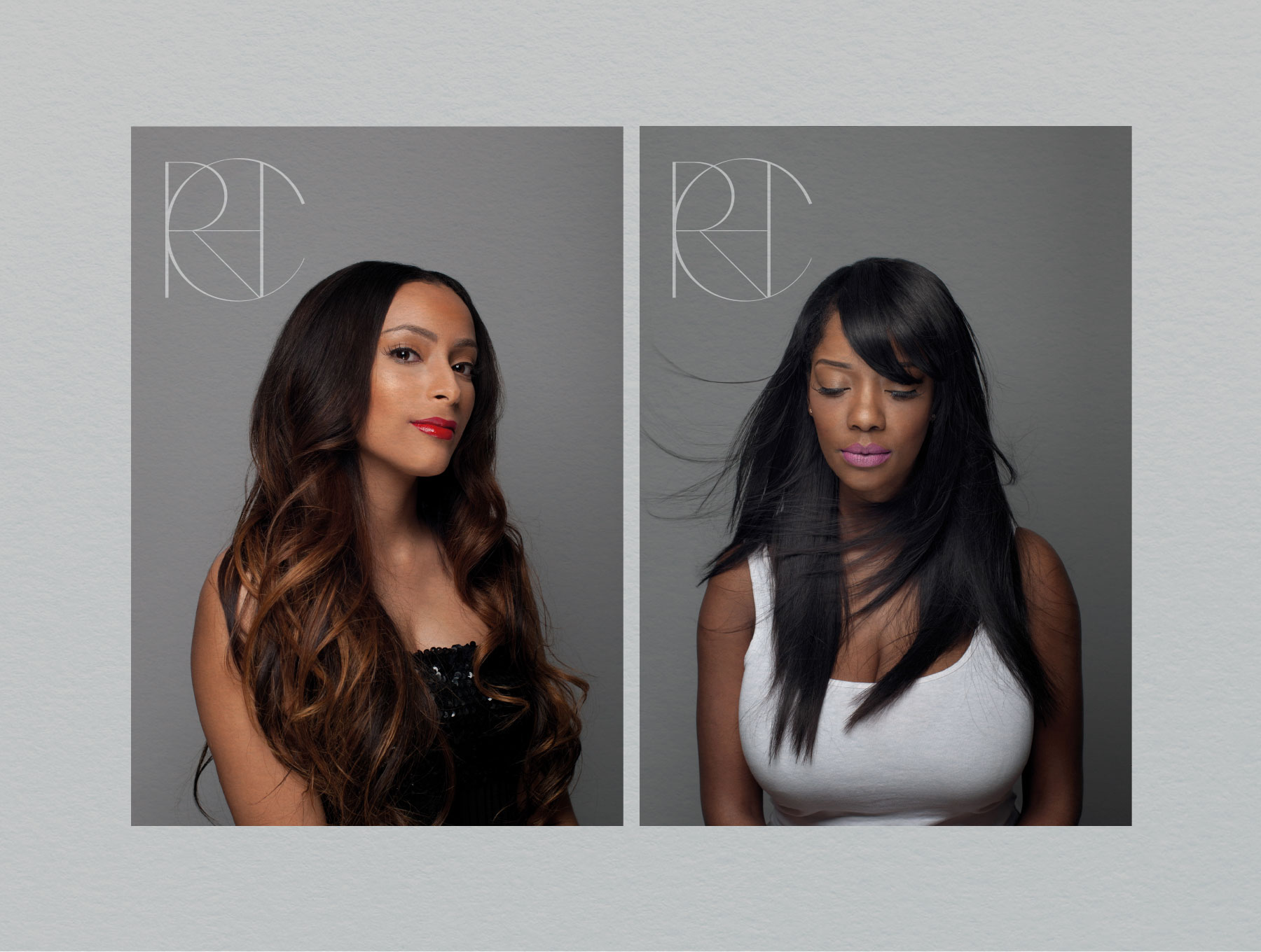 Two portraits of women wearing Remy Hair Club extensions and weaves next to the RHC emblem