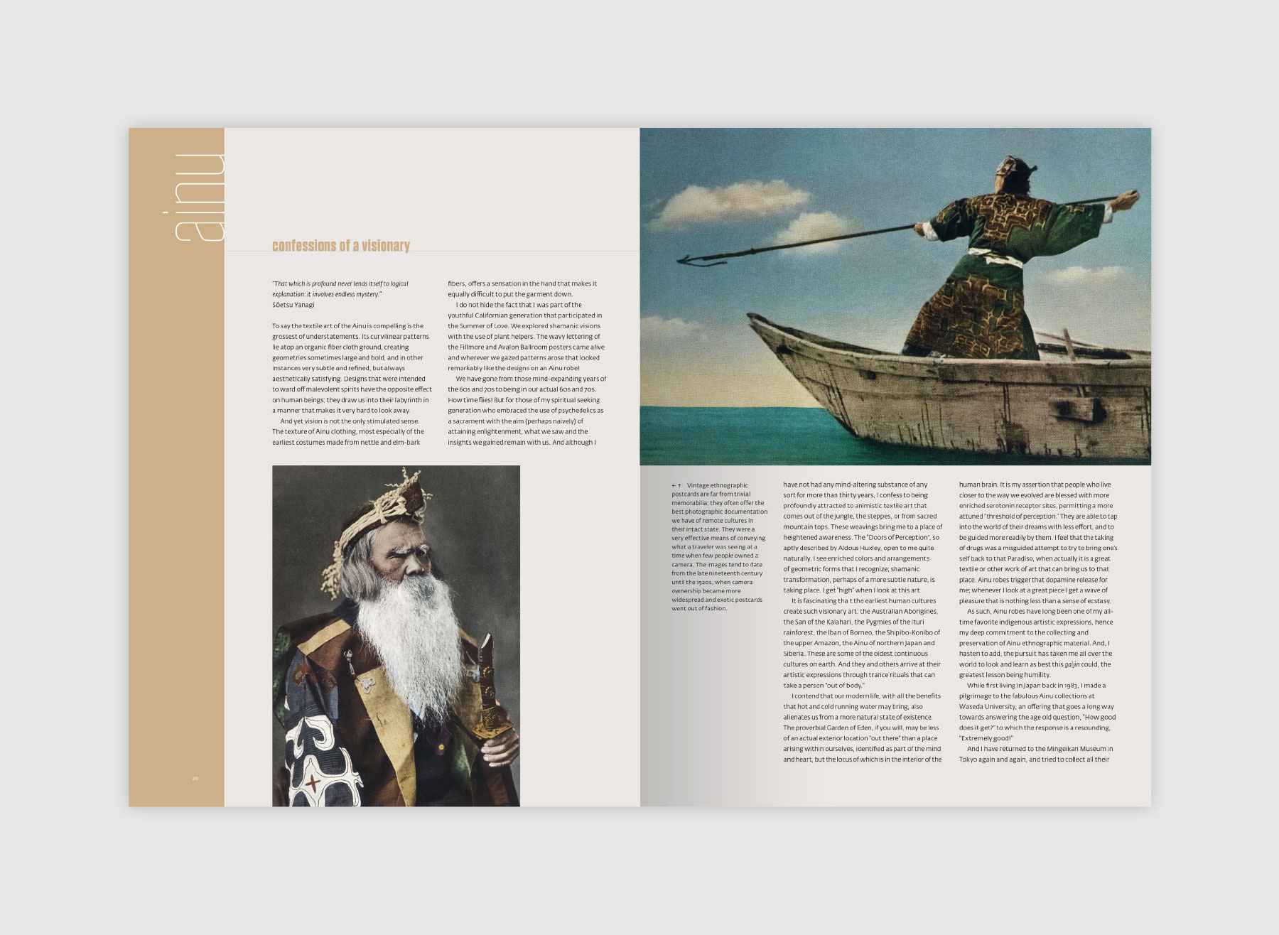 Textiles of Japan book spread showing vintage ethnographic postcards of Ainu people. One man poses for a portrait while the other is hunting with a spear on a boat